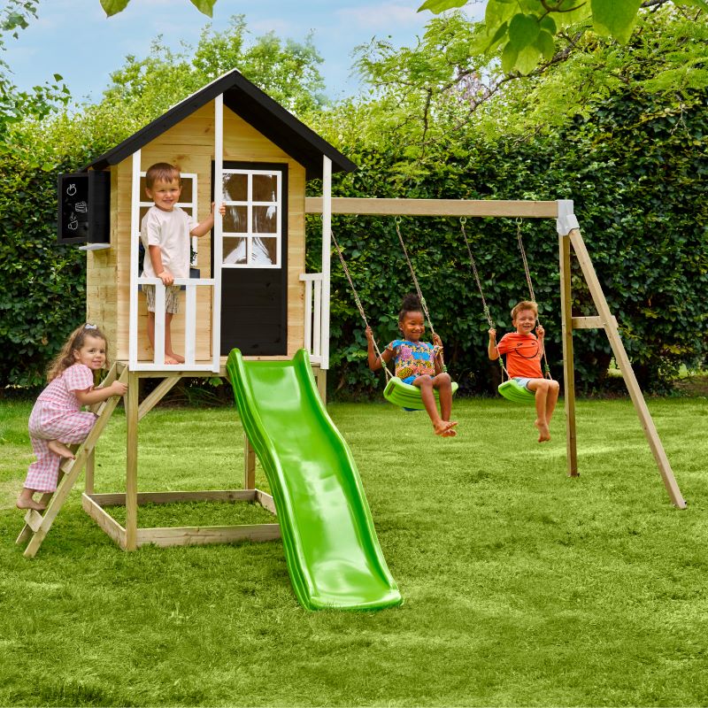 Zwerkules Kinder Spielhaus Holz, Holli mit Rutsche & Doppelschaukel